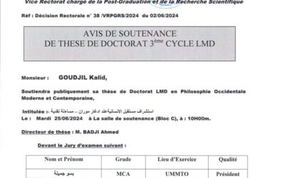 Avis de Soutenance de Thèse de Doctorat LMD de Mr GOUDJIL Khalid