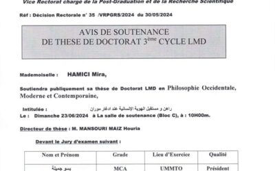 Avis de Soutenance de Thèse de Doctorat LMD de Mme HAMICI Mira