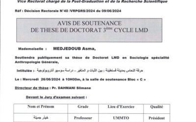 Avis de Soutenance de Thèse de Doctorat LMD de Mme MEDJEDOUB Asma