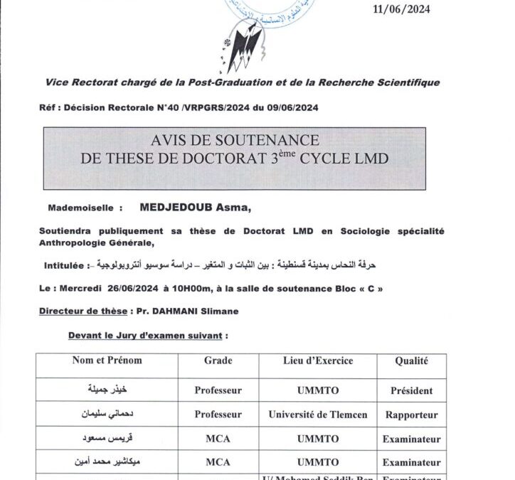 Avis de Soutenance de Thèse de Doctorat LMD de Mme MEDJEDOUB Asma