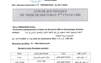 Avis de Soutenance de Thèse de Doctorat LMD de Mme MENACEUR Nadia