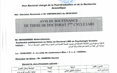 Avis de soutenance Mr MOHAMMEDI Abderrahmane