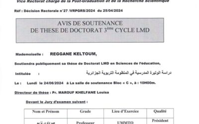 Avis de Soutenance de Thèse de Doctorat LMD de Mme REGGANE keltoum
