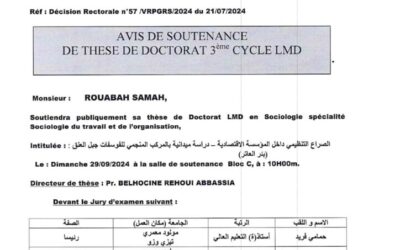 Avis de Soutenance de Thèse de Doctorat LMD de Mme ROUABAH Samah