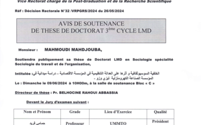 Avis de Soutenance de Thèse de Doctorat LMD  Mahmoudi Mahdjouba