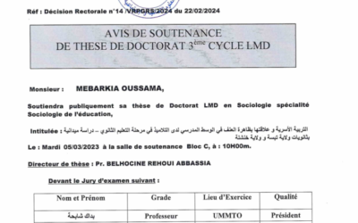 Avis de Soutenance de Thèse de Doctorat 3eme cycle LMD de Mme MEBARKIA Oussama