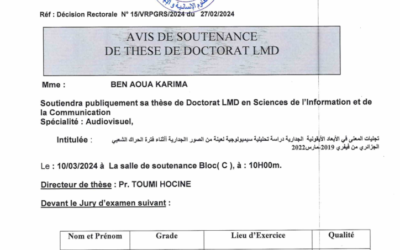 Avis de Soutenance de Thèse de Doctorat 3eme cycle LMD de Mme BEN AOUA Karima