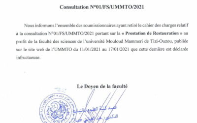 Avis d’infructuosité consultation N°01/FS/UMMTO/2021