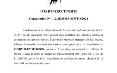 Avis d’Infructuosite Consultation N° 12/SDMM/UMMTO/2024