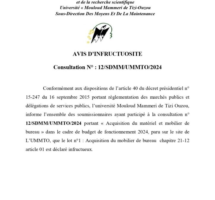 Avis d’Infructuosite Consultation N° 12/SDMM/UMMTO/2024