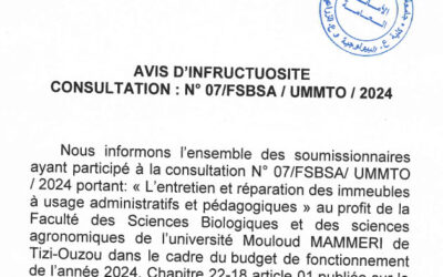 Avis d’infructuosité n°07/FSBSA/UMMTO/2024