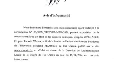 Avis d’Infructuosité Consultation N°06/SMM/FDSP/UMMTO/2024