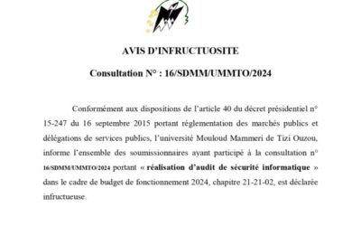 Avis d’Infructuosite Consultation N° 16/SDMM/UMMTO/2024