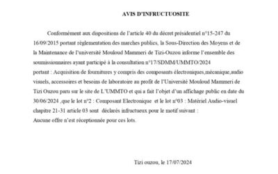 Avis d’Infructuosité Consultation N°17/SDMM/UMMTO/2024
