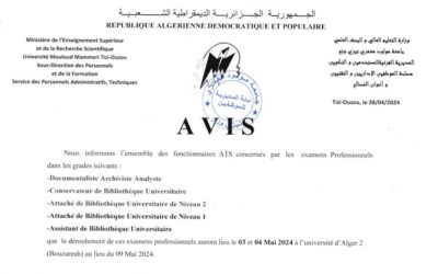 Examens professionnels ATS auront lieu le 03 et 04 mai 2024 au lieu le 09 mai 2024