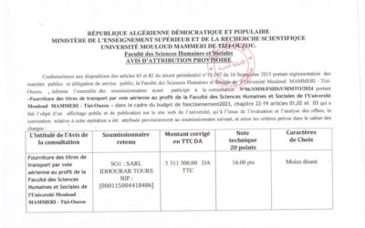 Avis d’attribution provisoire N°06/SMM/FSHS/UMMTO/2024