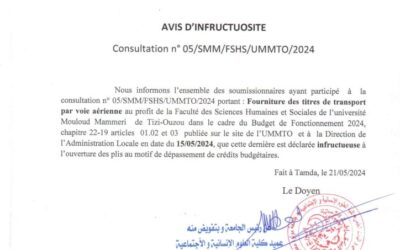 Avis d’Infructuosité Consultation  N°05/SMM/FSH/UMMTO/2024