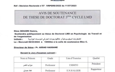 Avis de Soutenance de Thèse de Doctorat 3eme cycle LMD de Mme BOUIZRI Samra