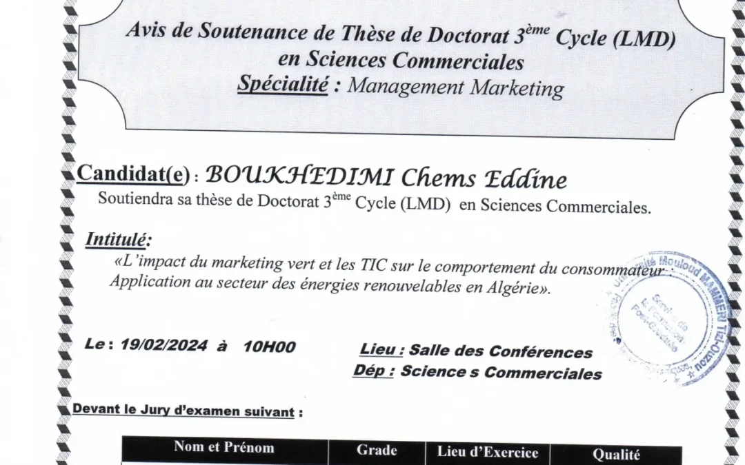 Avis de soutenance thèse doctorat LMD Boukhedimi Chems Eddine