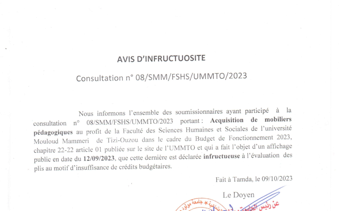 Avis d’infructuosité consultation n’ 08/SMM/ FSHS/UMMTO/2023