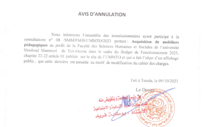Avis d’annulation de la consultations n° 08 /SMM/FSHS/UMMTO/2023