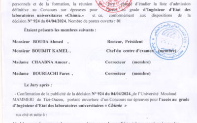 La liste d’admission définitive au concours sur épreuves pour l’accès au grade d’ingénieur d’état des laboratoires universitaires « Chimie »