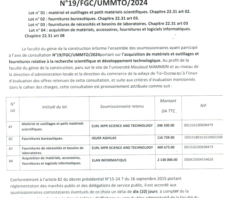 Avis d’attribution provisoire de la consultation N°19/FGC/UMMTO/2024