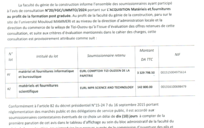 Avis d’attribution provisoire de la consultation N°20/FGC/UMMTO/2024