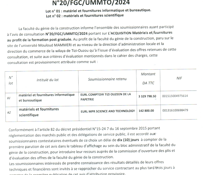 Avis d’attribution provisoire de la consultation N°20/FGC/UMMTO/2024