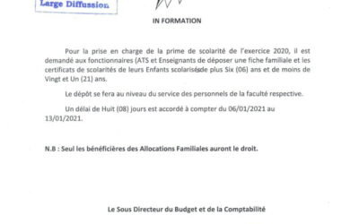 Avis aux fonctionnaires: prime de scoloarité