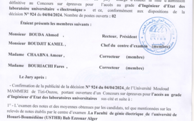 La liste d’admission définitive au concours sur épreuves pour l’accès au grade d’ingénieur d’état des laboratoires universitaires « Electronique »