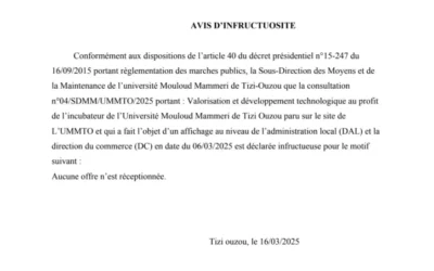 Avis d’infructuosité de la consultation n°04/SDMM/UMMTO/2025