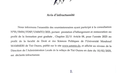 Avis d’infructuosité de la consultation°01/SMM/FDSP/UMMTO/2025