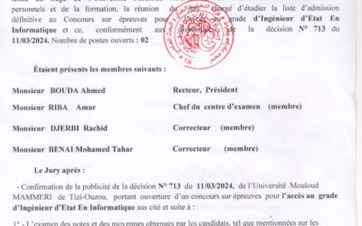 Les résultats du concours sur épreuve pour l’accès au grade d’Ingénieur d’Etat en Informatique
