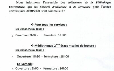 Horaires de travail (Bibliothèque centrale)