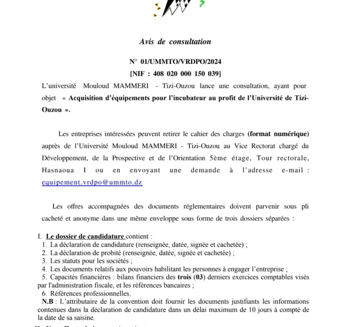 Avis de consultation N° 01 VRDPO/UMMTO/2024
