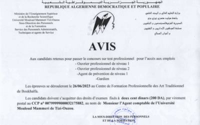 Lieu et date du test professionnel pour l’accès aux emplois de: Gardien, Ouvrier professionnel niveau 1, Ouvrier professionnel niveau 2, Agent de prévention niveau 1