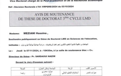 Avis de Soutenance de Thèse de Doctorat LMD de Mme MEZIANI Hassina