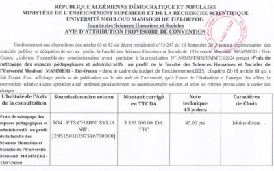 Avis d’attribution provisoire n°15/FSHS/UMMTO/2024