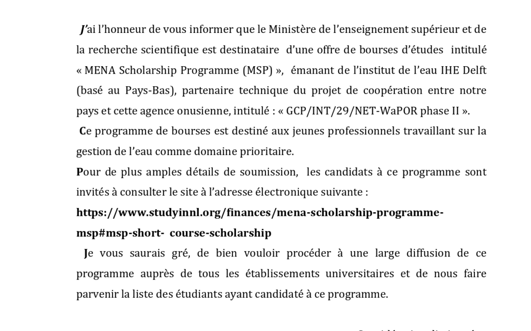 Offre bourse d’études « MENA Scholarship Programme »