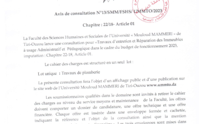 Avis de consultation N°13/SMM/FSHS/ UMMTO/2023