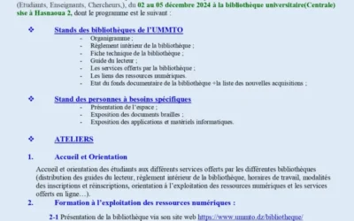 Programme des journées portes ouvertes sur les bibliothèques de l’UMMTO