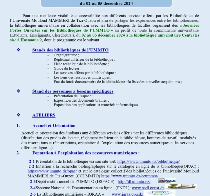 Programme des journées portes ouvertes sur les bibliothèques de l’UMMTO