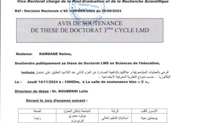 Avis de Soutenance de Thèse de Doctorat LMD de Mme RAMDANE Naima