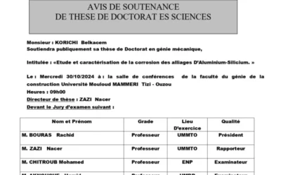 Avis de Soutenance de Thèse Doctorat en Sciences de Mr KORICHI Belkacem