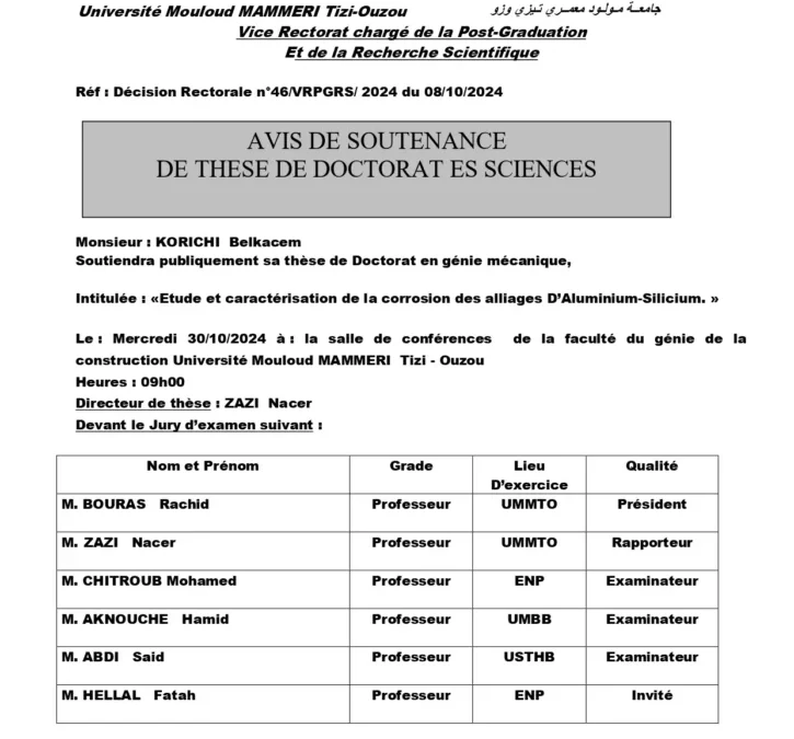 Avis de Soutenance de Thèse Doctorat en Sciences de Mr KORICHI Belkacem