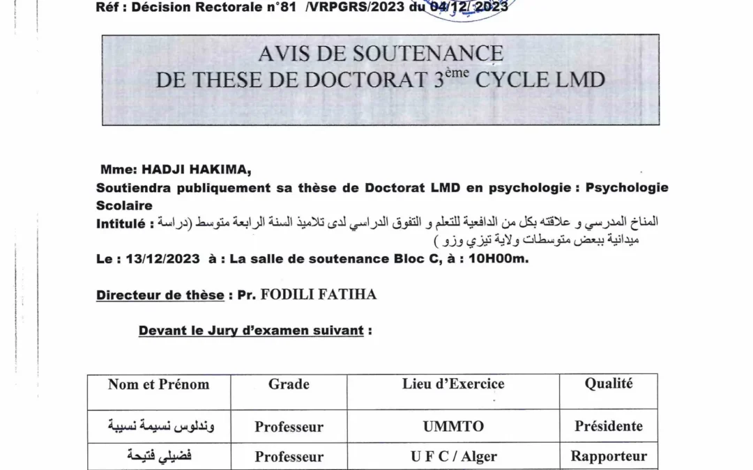 Avis de soutenance de thèse de doctorat LMD Mme HADJI Hakima