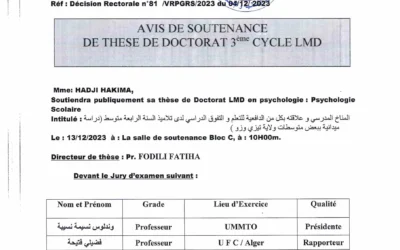 Avis de soutenance de thèse de doctorat LMD Mme HADJI Hakima