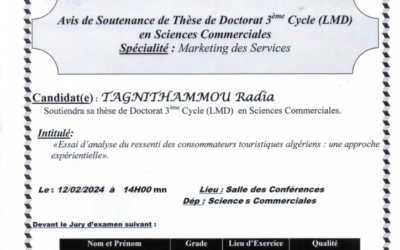 Avis de soutenance de Thèse de Doctorat LMD Sciences Commerciales :  Madame Tagnithammou Radia