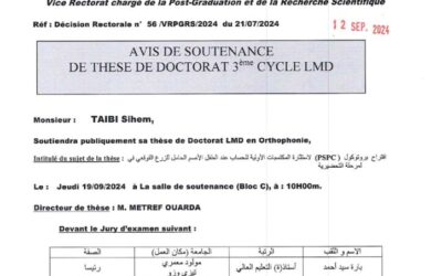 Avis de Soutenance de Thèse de Doctorat LMD de Mme   TAIBI Sihem